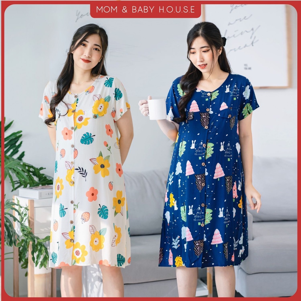 Đầm tôn 2 da thái bầu và sau sinh mặc nhà có gỡ nút cho bé ti