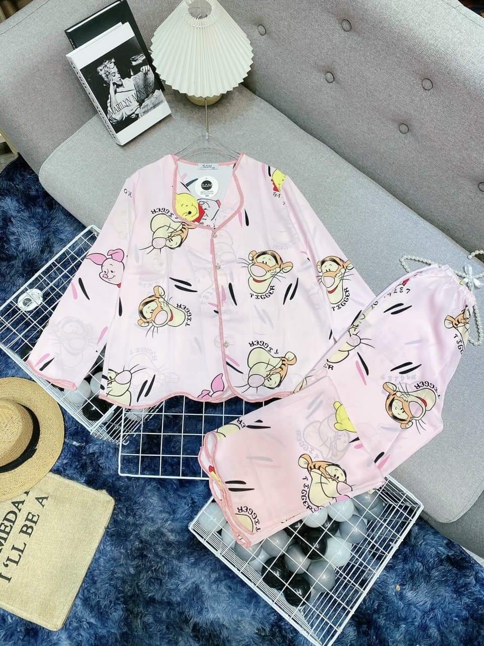 Đồ bộ nữ pijama lụa mango loại 1 tay dài quần dài, set quần áo mặc nhà họa tiết dễ thương