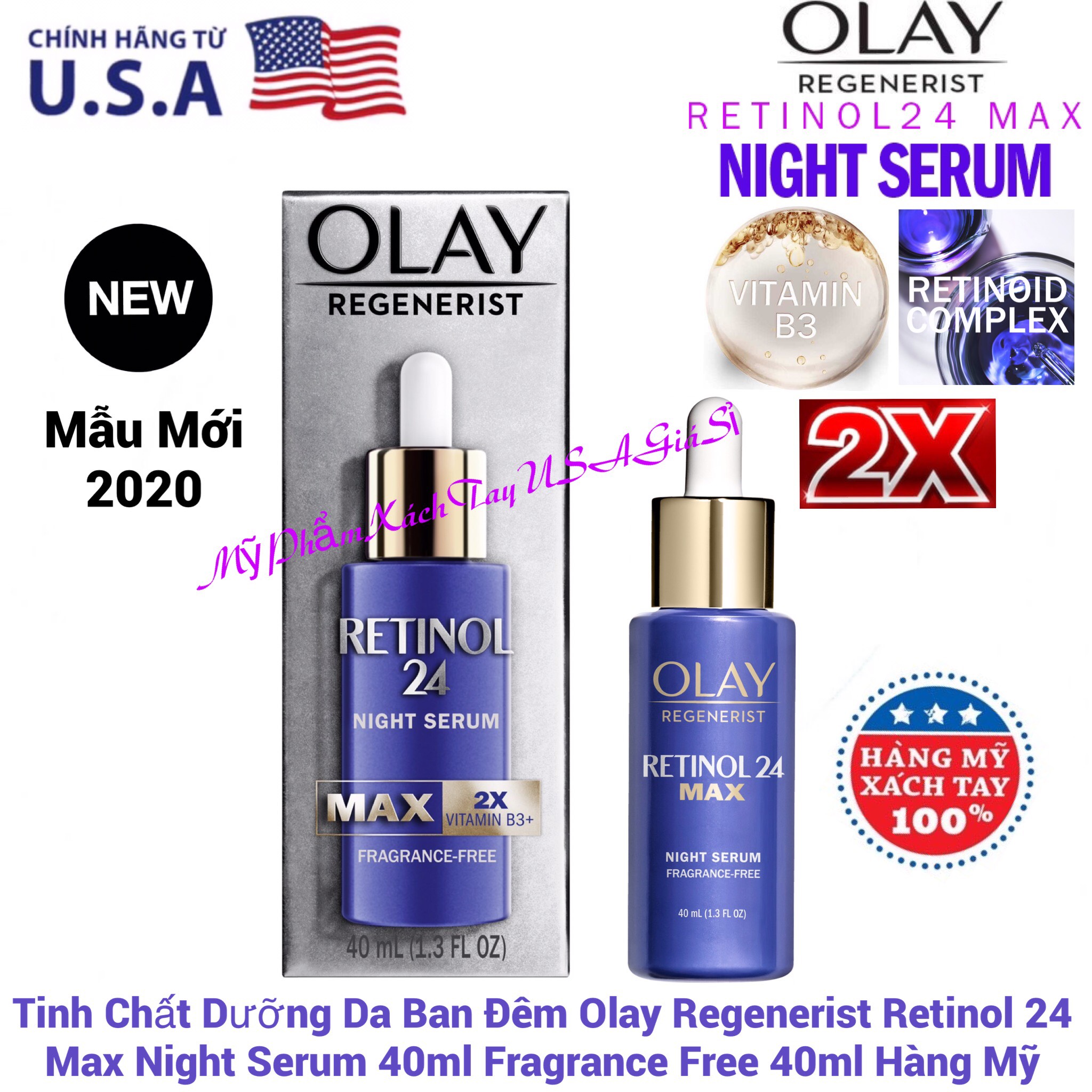 Serum Olay Retinol 24 Max Night dưỡng trắng da cấp ẩm ban đêm 40ml Hàng USA
