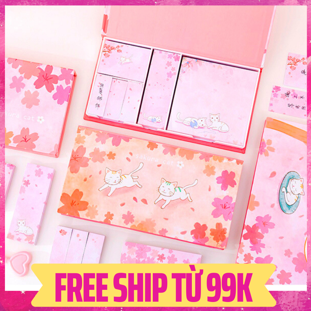 Set 480 Giấy nhớ - giấy note Sakura cat siêu đáng yêu - Có Hộp đựng cao cấp