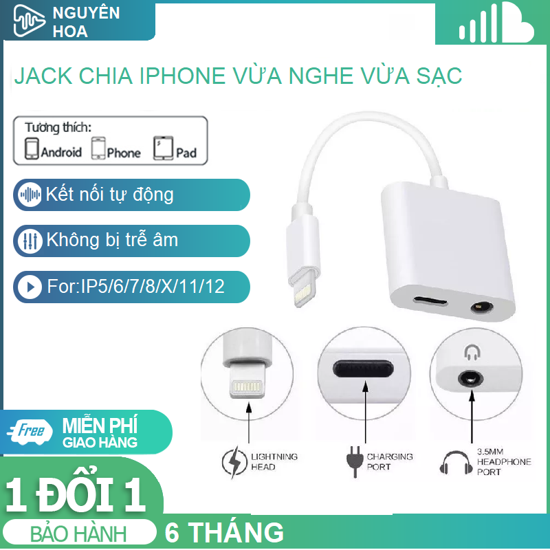 Jack chia tai nghe 3.5mm và cổng sạc lighting 1 ra 2 dành cho iphone 5/6/7/8/X . Cáp chia đôi tai nghe iphone 6s và đầu sạc. Tặng dây đeo điện thoại