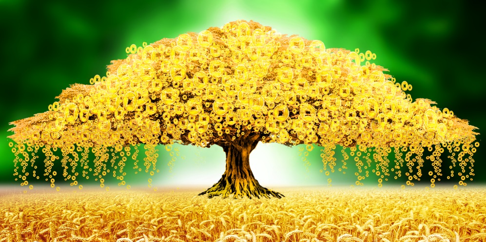 Tranh dán tường VTC Cây tài lộc tiền vàng UD0023 Kim sa