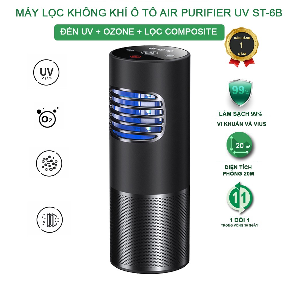 Máy lọc không khí ô tô AIR PURIFIER ST-6B công nghệ UV diệt khuẩn + OZONE + bộ lọc composite loại bỏ vi khuẩn ,virus