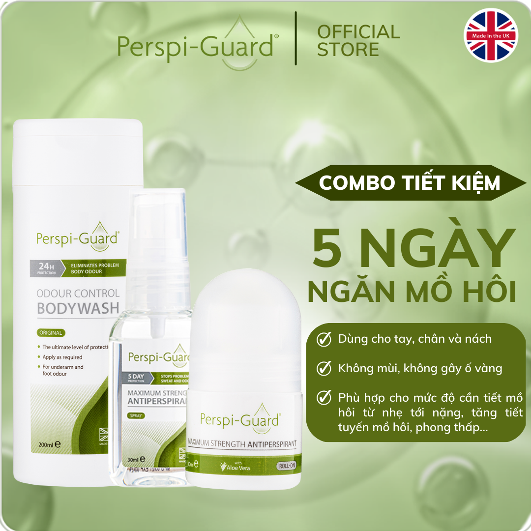 [Voucher giảm 10%] Combo 3 khử mùi ngăn mồ hôi toàn diện PerspiGuard sữa tắm 200ml + xịt khử mùi 30ml + lăn khử mùi 30ml