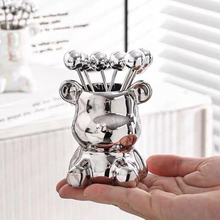 Set dĩa ăn hoa quả gấu brick