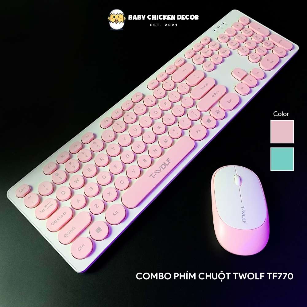 Bàn phím không dây kèm chuột máy tính không dây t-wolf tf770, nút bấm tròn cổ điển - baby chicken decor