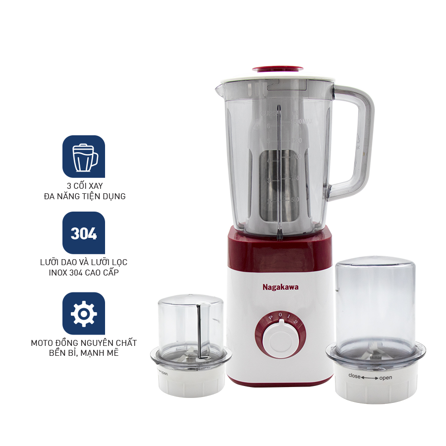 Máy xay sinh tố Nagakawa 1,5l NAG0816, lưỡi dao 4 cánh inox 304 mạnh mẽ, công suất lớn, 3 cối đa năng, bảo hành 12 tháng