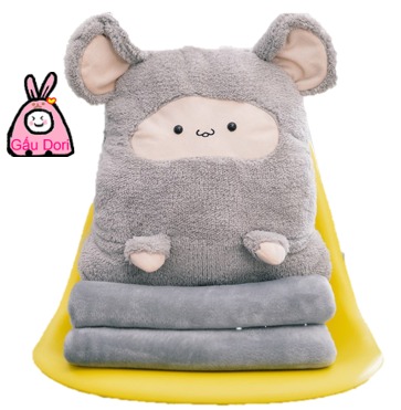 Bộ chăn gối chuột con xám lông xù 3 trong 1 gối 40cm chăn 1m7 chăn lông 2 mặt gối có ủ tay
