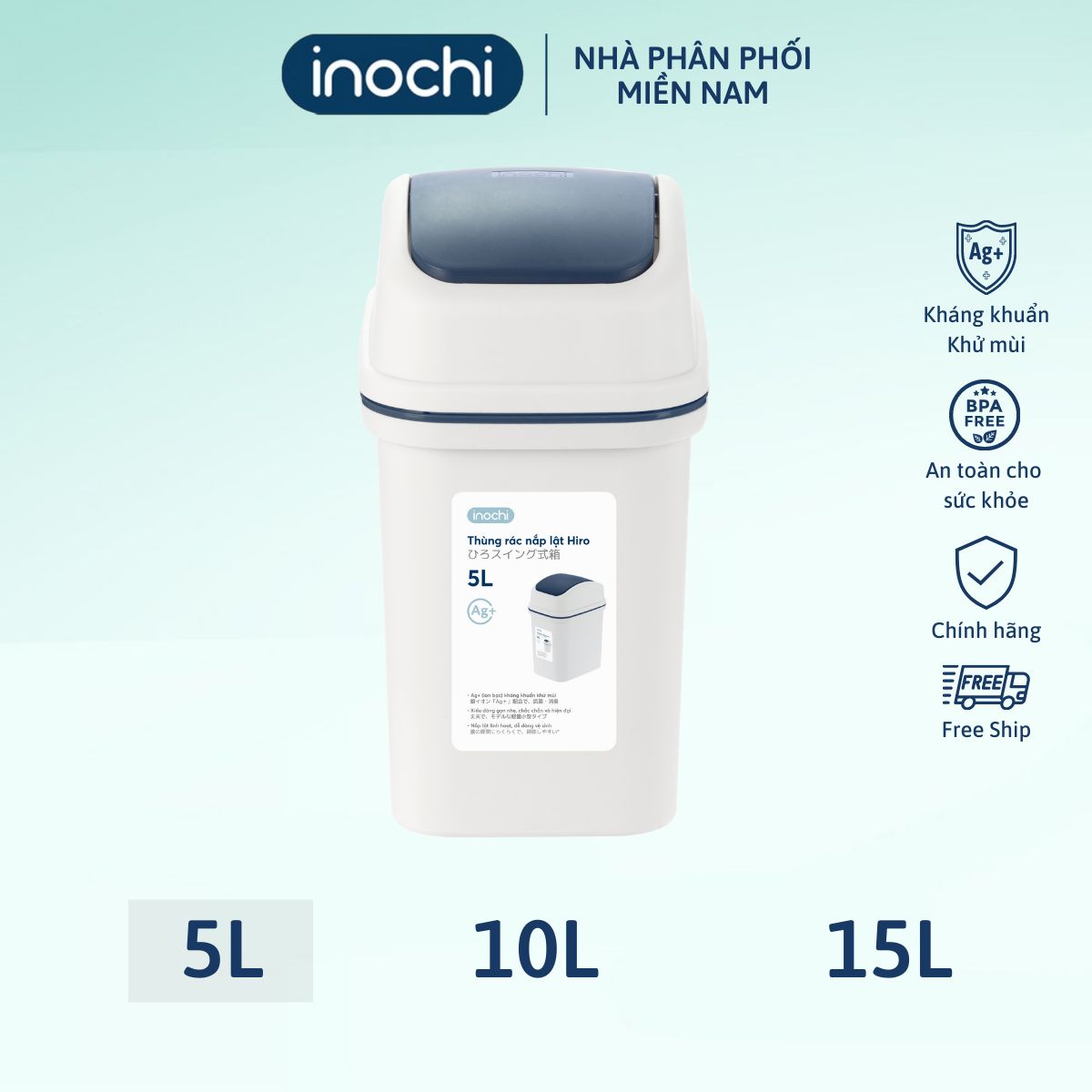 Thùng rác nắp lật inochi Hiro 5L - kèm lõi, thiết kế bền đẹp, an toàn tiện lợi