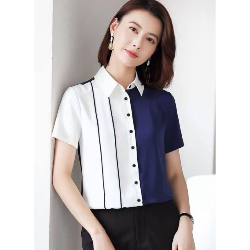 [HCM]Áo sơ mi nữ ngắn tay phối 2 màu trắng và xanh THE MIX-UP SHOP phong cách hàn quốc cực xinh