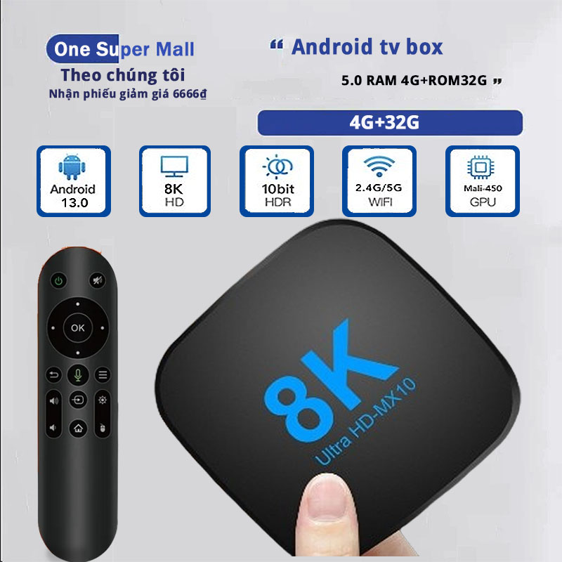 Android tv box tích hợp remote giọng nói chạy hệ điều hành android tv 13.0 kết nối wifi hình ảnh 8k sắc nét MX10 tivi box android Kết nối Bluetooth 5.0 RAM 4G+ROM32G