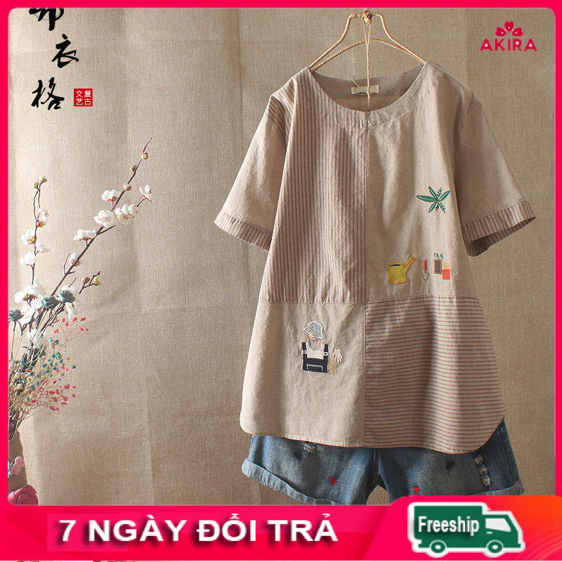 Áo kiểu nữ đẹp form rộng dành cho người béo mập - shop quần áo thời trang bigsize vải LINEN thêu họa tiết đẹp AKira Store