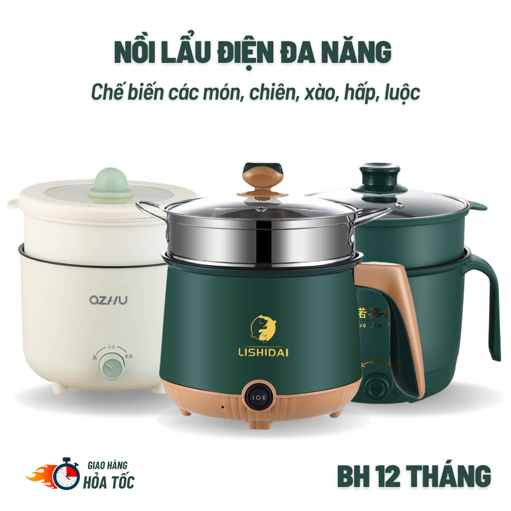 Nồi Lẩu Mini Đa Năng, Nồi Điện Mini Ca Nấu Mì 18cm 2 Nấc Nhiệt Kèm Giá Hấp Inox, Đế Chống Dính, Chiên Xào, Hấp, Luộc, Ăn Lẩu Tiện Dụng, Bảo Hành 12 Tháng