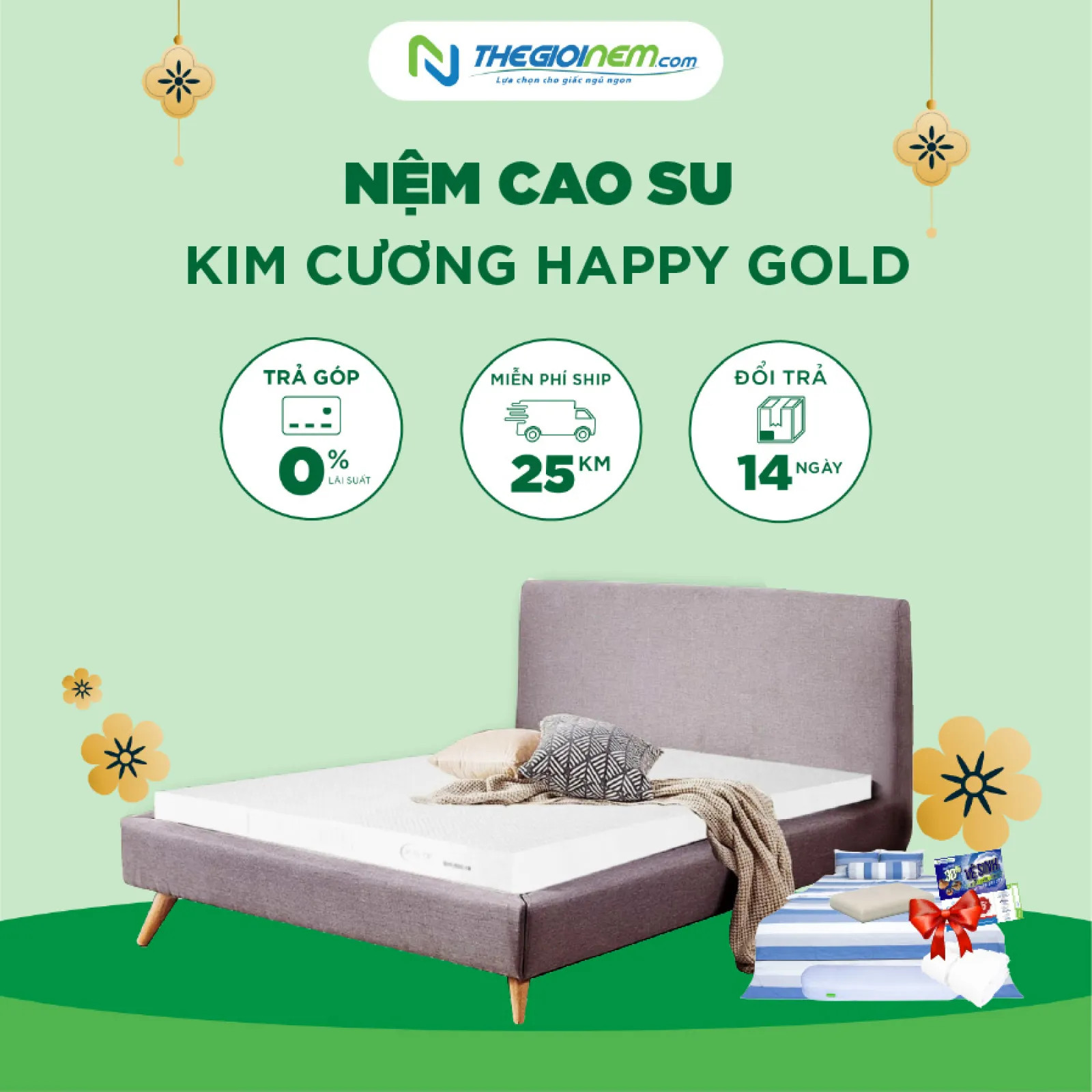 Đệm 100% cao su thiên nhiên Kim Cương Happy Gold + Quà tặng.