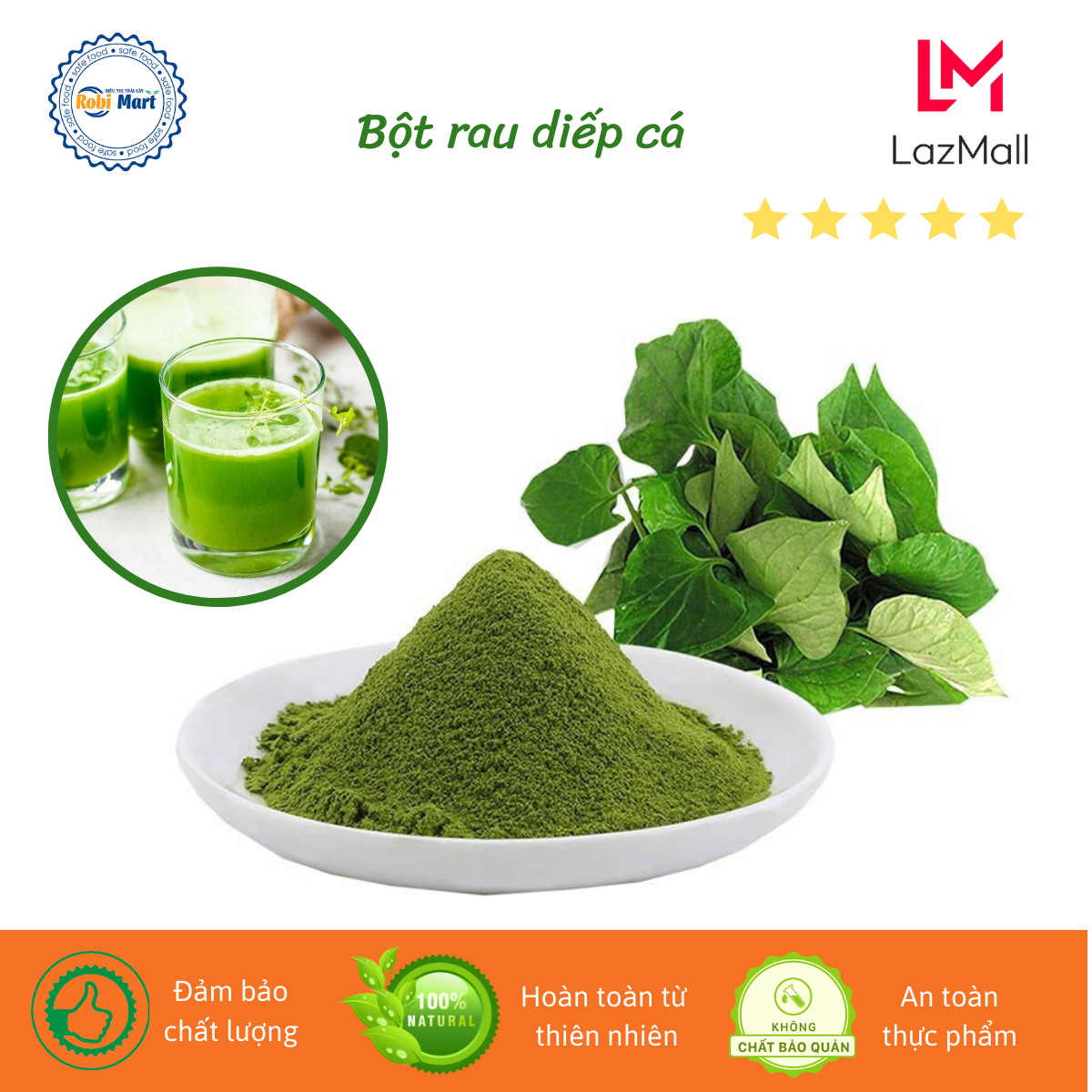 Bột diếp cá nguyên chất robimart đắp mặt hữu cơ uống đẹp da, thanh nhiệt - gói 20g, 50g, 100g