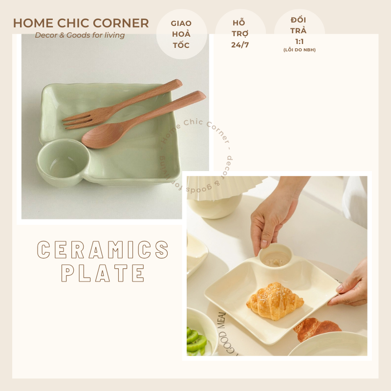 Đĩa sứ dĩa sứ chia ngăn trang trí dĩa sứ kèm khay chấm 2 trong 1, dùng được với lò vi sóng | HOME CHIC CORNER