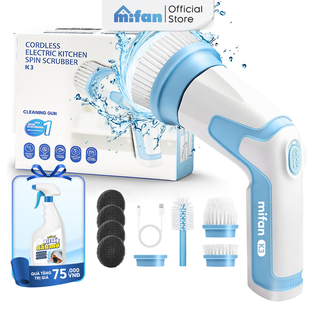  Máy Cọ Rửa Điện Cầm Tay Đa Năng Mifan K3 25W - Kèm 4 Đầu Chổi Pin Sạc 2000mAh Chống Nước IPX7 Tốc Độ 500rpm Bảo Hành12 Tháng 