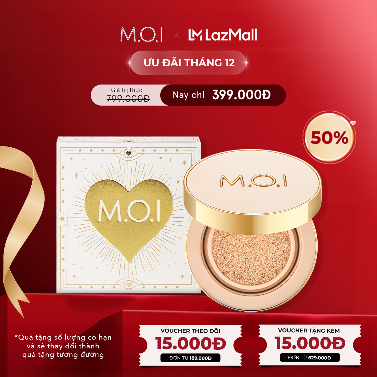  Phấn nước Kiềm Dầu Che Khuyết Điểm SPF 50+ PA+++ MOI Premium Baby Skin Cushion phiên bản mùa lễ hội 12g 