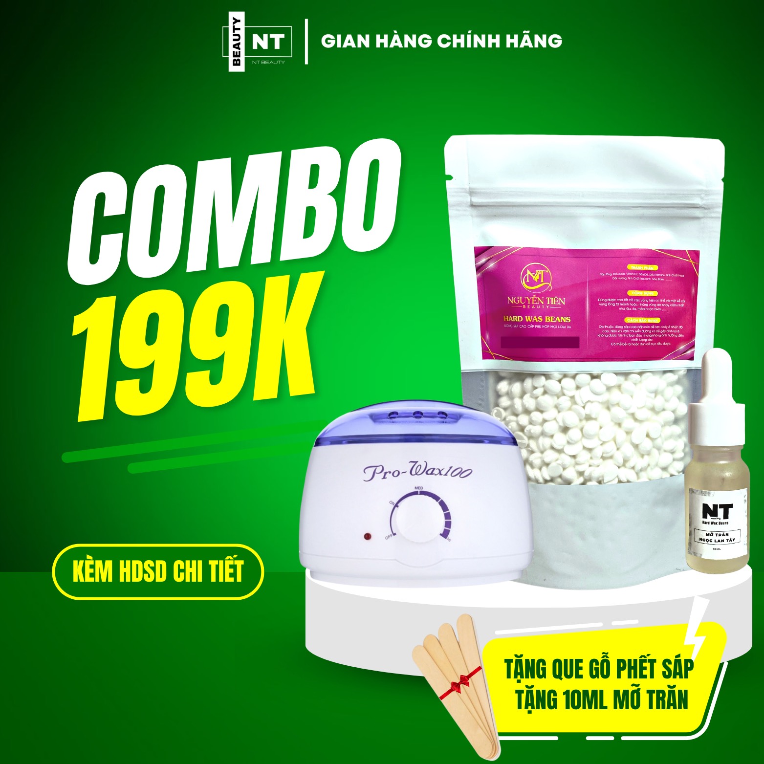 Combo triệt lông có nồi nấu sáp wax lông kèm 100g sáp wax và 10ml mỡ trăn, wax lông tay, chân, nách, bikini