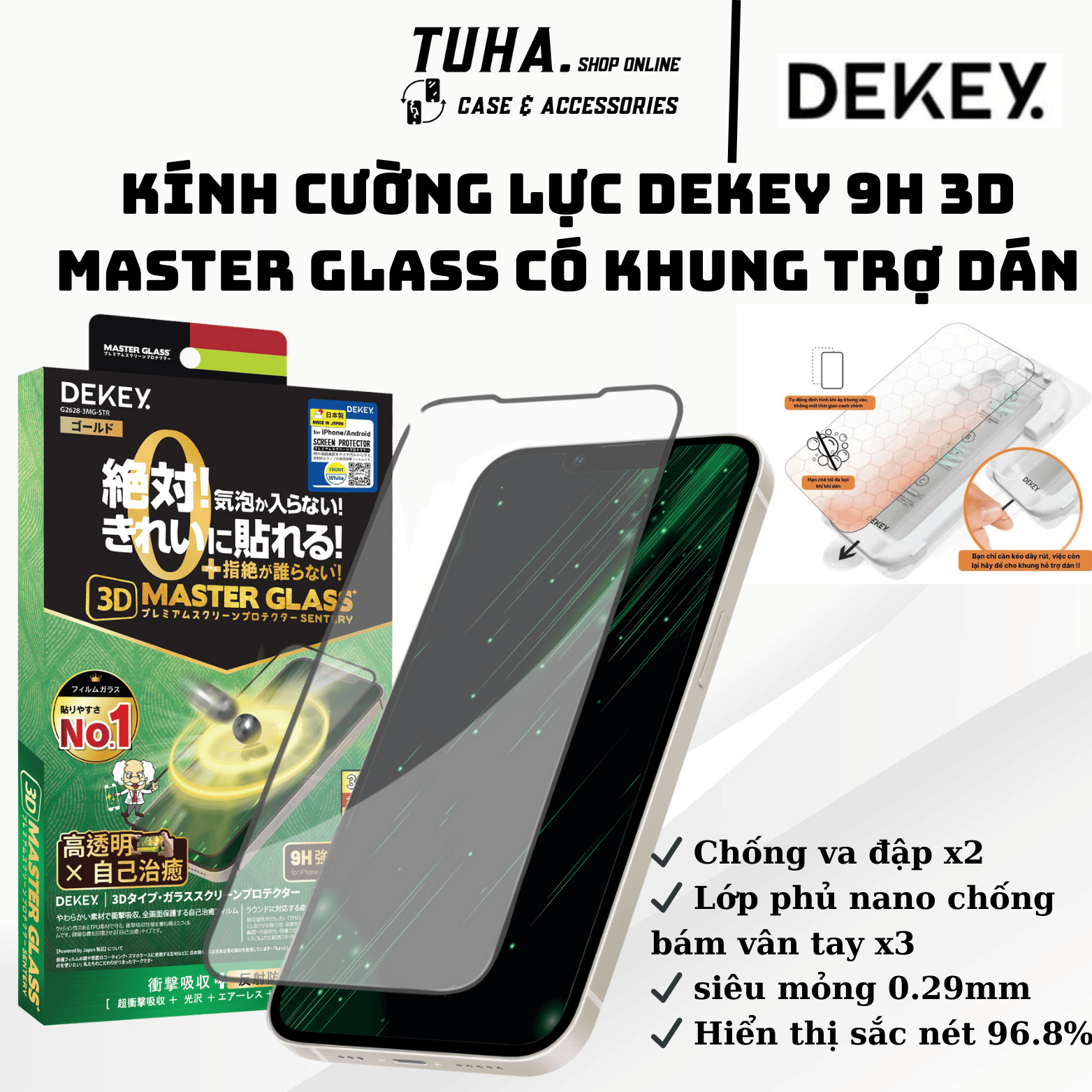 Kính Cường Lực DEKEY Kèm Khung Trợ Dán 9H MASTERGLASS 3D SENTERY Phiên Bản Mới Viền Mỏng Dành Cho Iphone