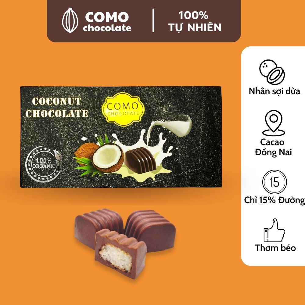 Hộp Socola nhân Dừa siêu ngon 100% Organic 100g. COMO Chocolate. Đồ ăn vặt nội địa