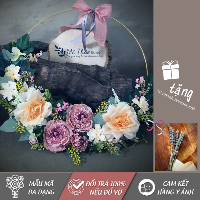 Vòng nguyệt quế treo cửa trang trí nhà cửa, decor phòng khách, chật liệu hoa lụa cao câp mê thảo flower