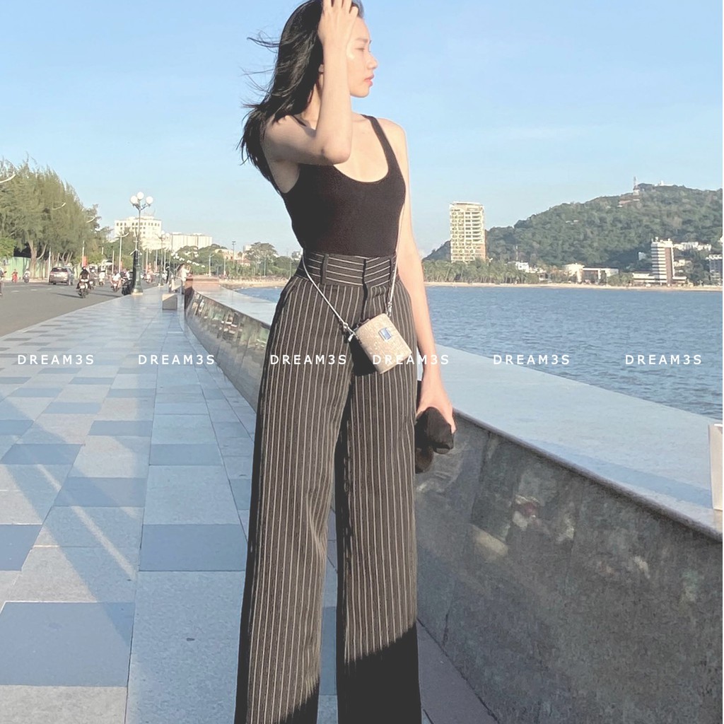 Quần suông kẻ sọc quần xuông ống rộng lưng cao kẻ sọc d2