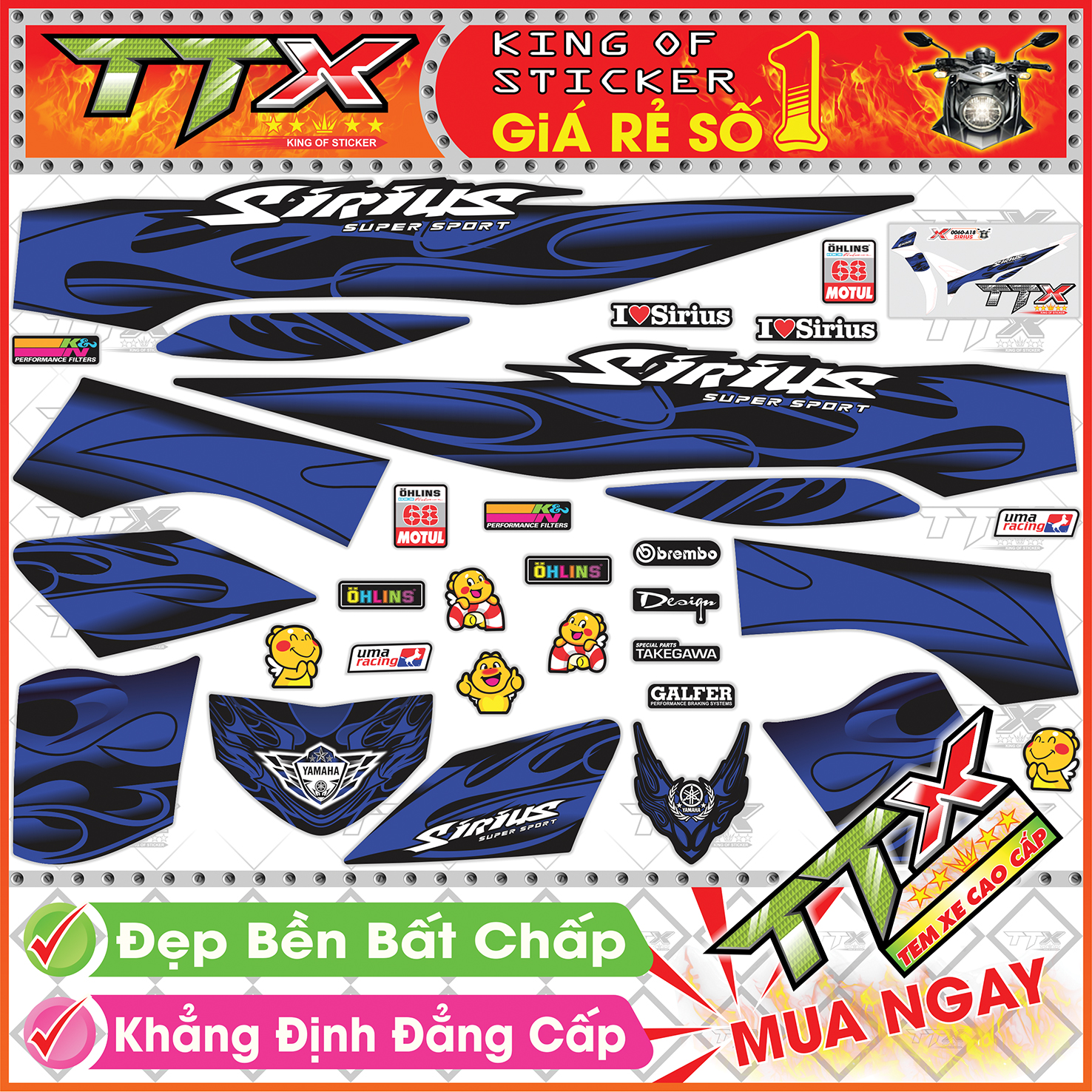 Tem xe sirius đen xanh gp lửa siêu đẹp - tem sirius lửa xanh đen hót - mẫu team sirius đen xanh gp