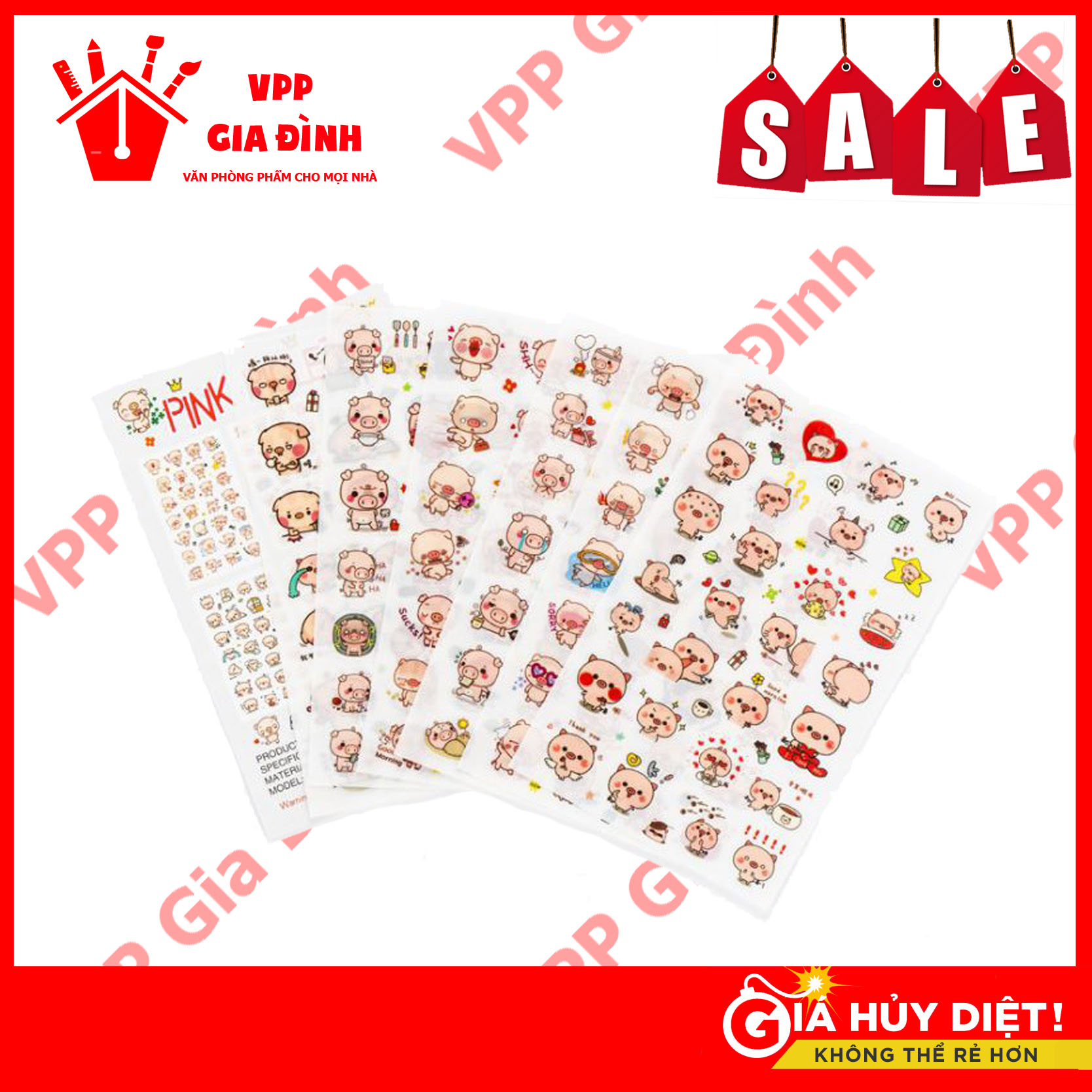 Bộ 6 tấm sticker trang trí nhật ký cuộc sống của heo con