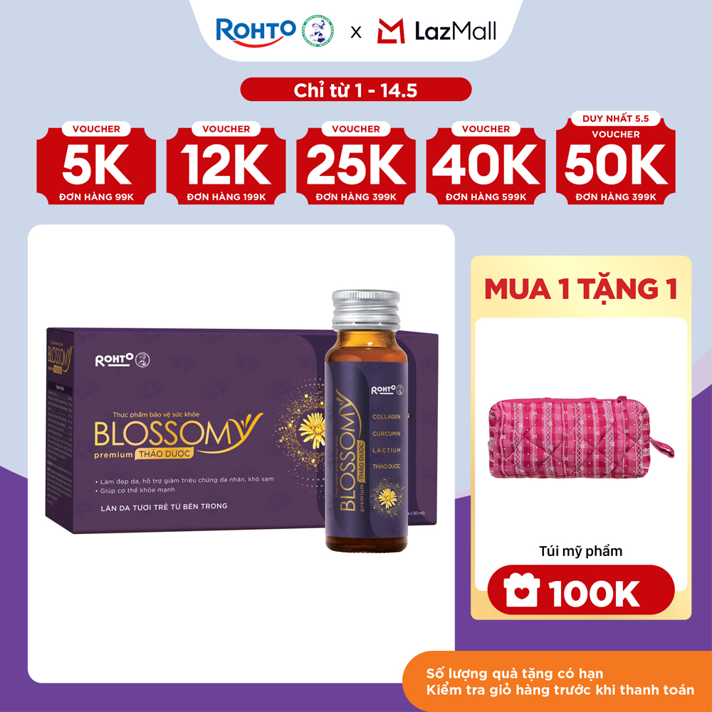 Nước uống collagen thảo dược  giúp đẹp da, hỗ trợ ngủ ngon Blossomy Premium lốc 10 chai x 50ml