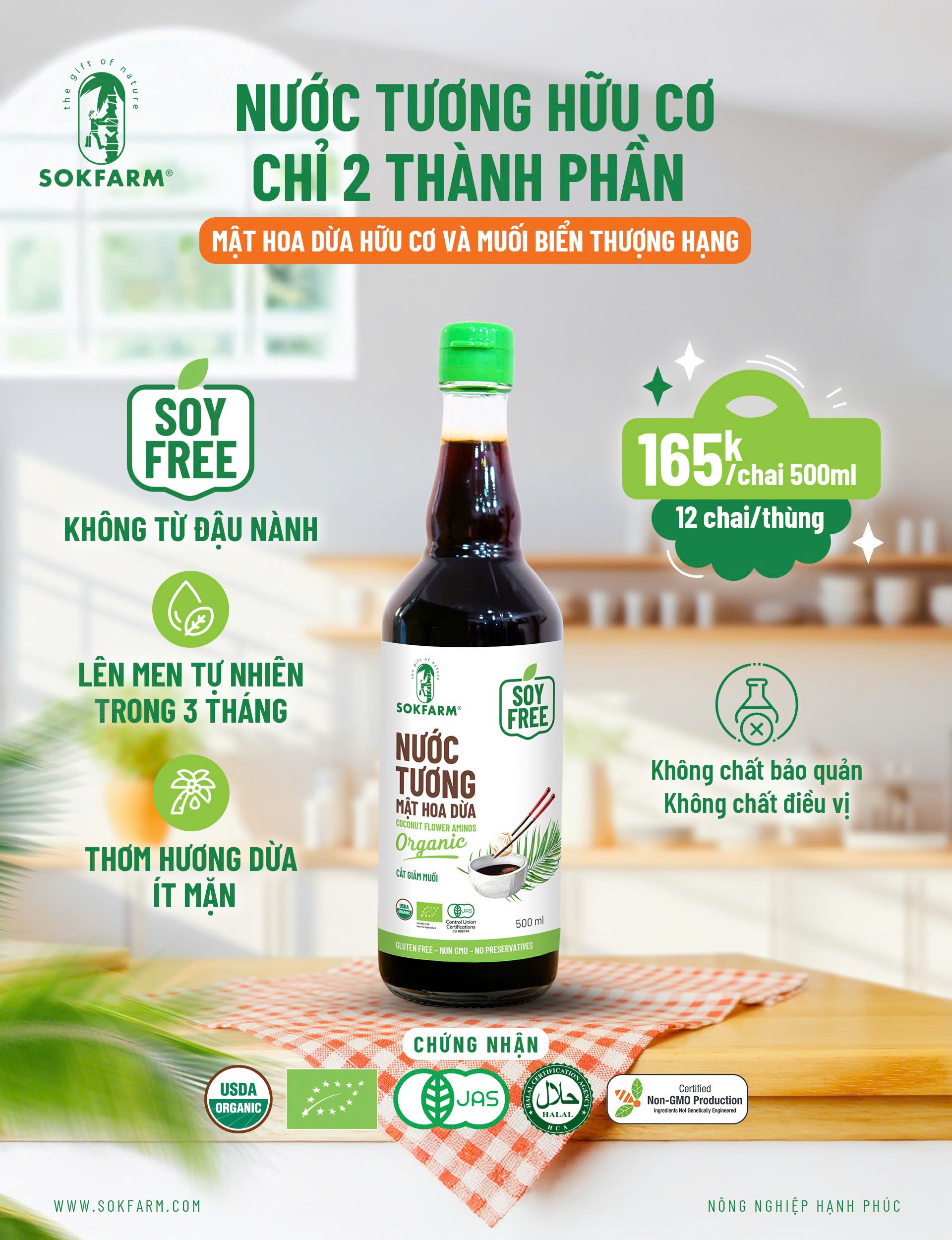 Nước tương mật hoa dừa Organic Sokfarm chai 500ml, dòng chuyên chấm, cắt giảm muối