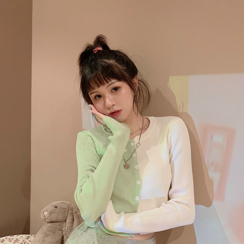 ÁO KIỂU DÀI TAY CÀI NÚT PHỐI 2 MÀU TRẺ TRUNG, ĐƠN GIẢN NHƯNG CỰC ĐẸP, CHẤT THUN GÂN DÀY MỊN TTSGR