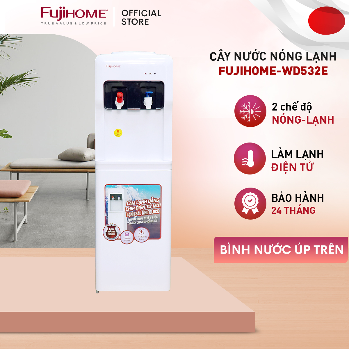 Cây nước nóng lạnh nhập khẩu CN Nhật Bản Fujihome WD5320E, máy nước uống nóng lạnh ,tự động ngắt tiết kiệm điện, khóa vòi nóng an toàn, có ngăn chứa đồ - CHính hãng bảo hành 1 năm