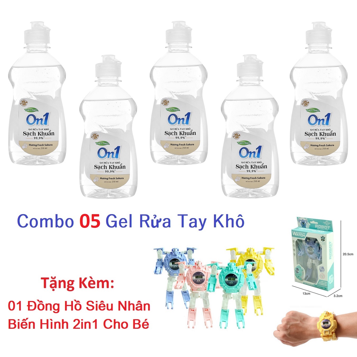 Combo 5 Gel Rửa Tay Khô ON1 Bảo Vệ Gia Đình Hương Fresh Sakura (250ml) + Quà Tặng