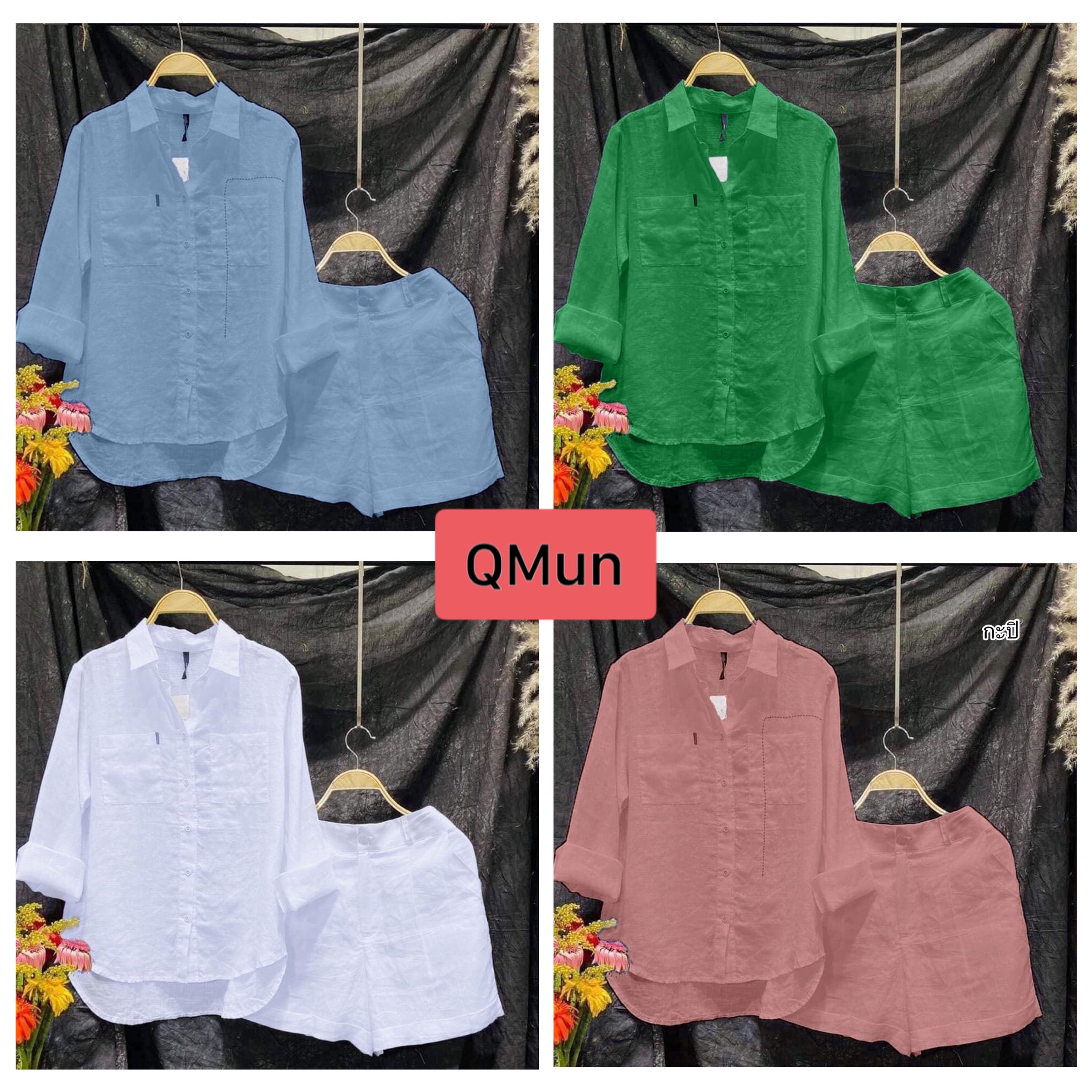 Set Quần Cộc Áo Dài Tay Chất Vải Đũi Hàn Quốc - CD