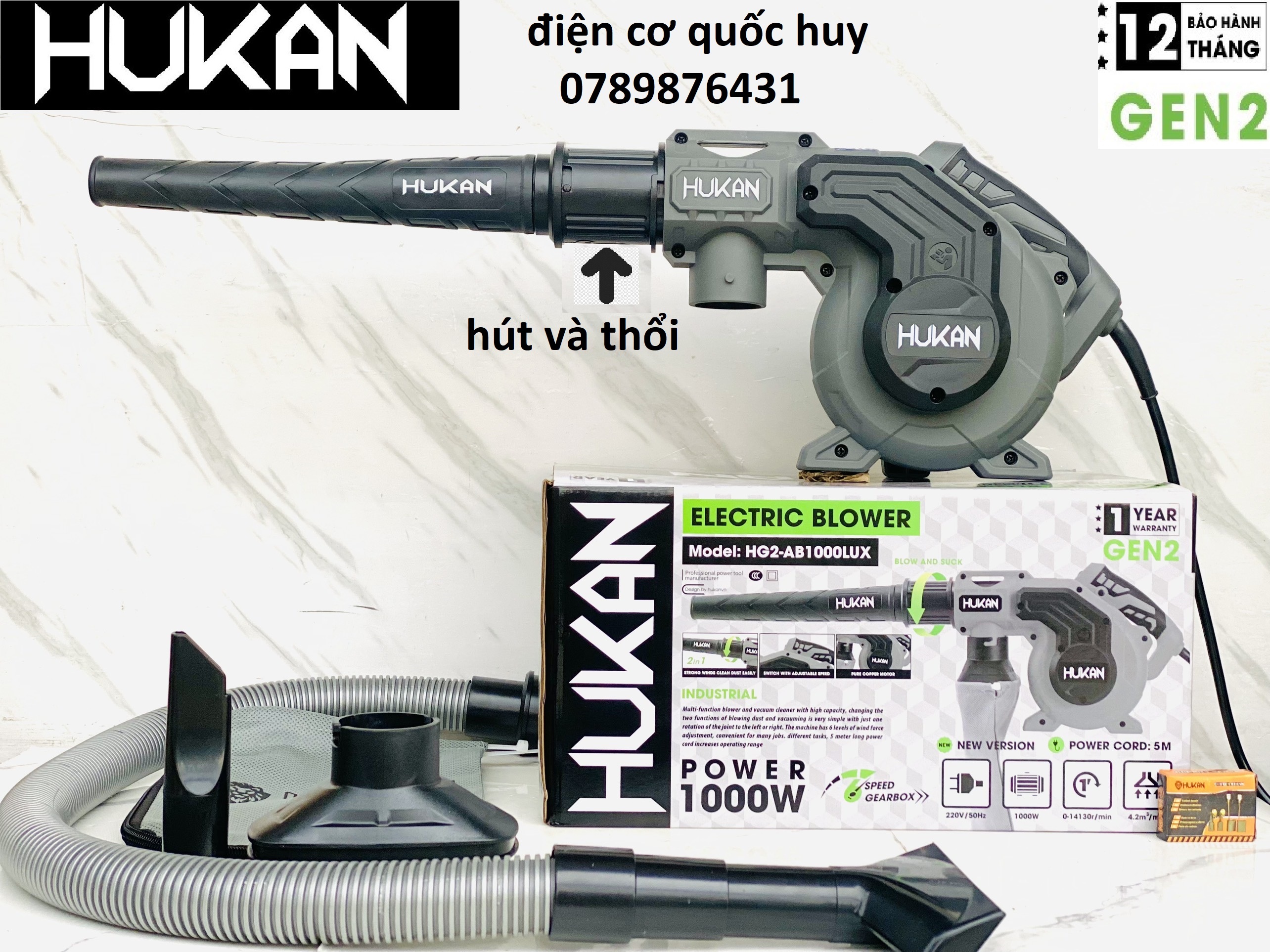 Máy thổi bụi thổi lá hút bụi hukan ab01000lux cực mạnh công suất 1000w