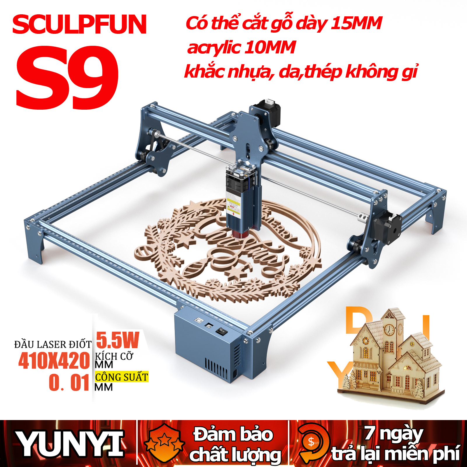 Máy khắc laser mini SCULPFUN S9, máy cnc mini khắc gỗ 410x420mm, laser engraving machine - Bảo hành 5 năm