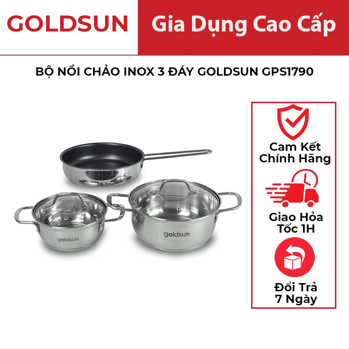 Bộ nồi chảo inox 3 đáy goldsun gps1790, nồi 16cm, nồi 20cm, chảo 20cm