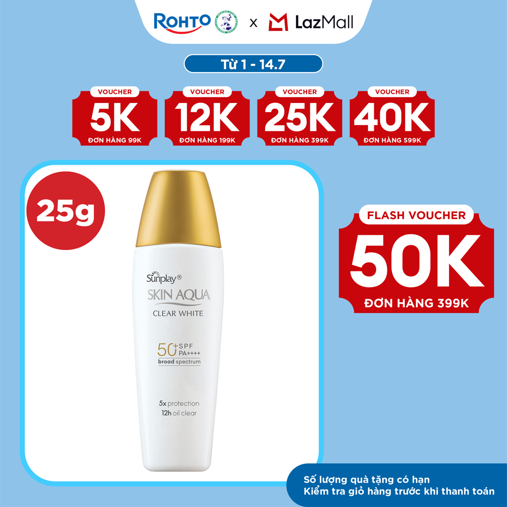 Kem chống nắng Skin Aqua dưỡng trắng, kiểm dầu, dùng hàng ngày dạng sữa Sunplay Skin Aqua Clear White Eco Việt Nam SPF50, PA++++ 25g