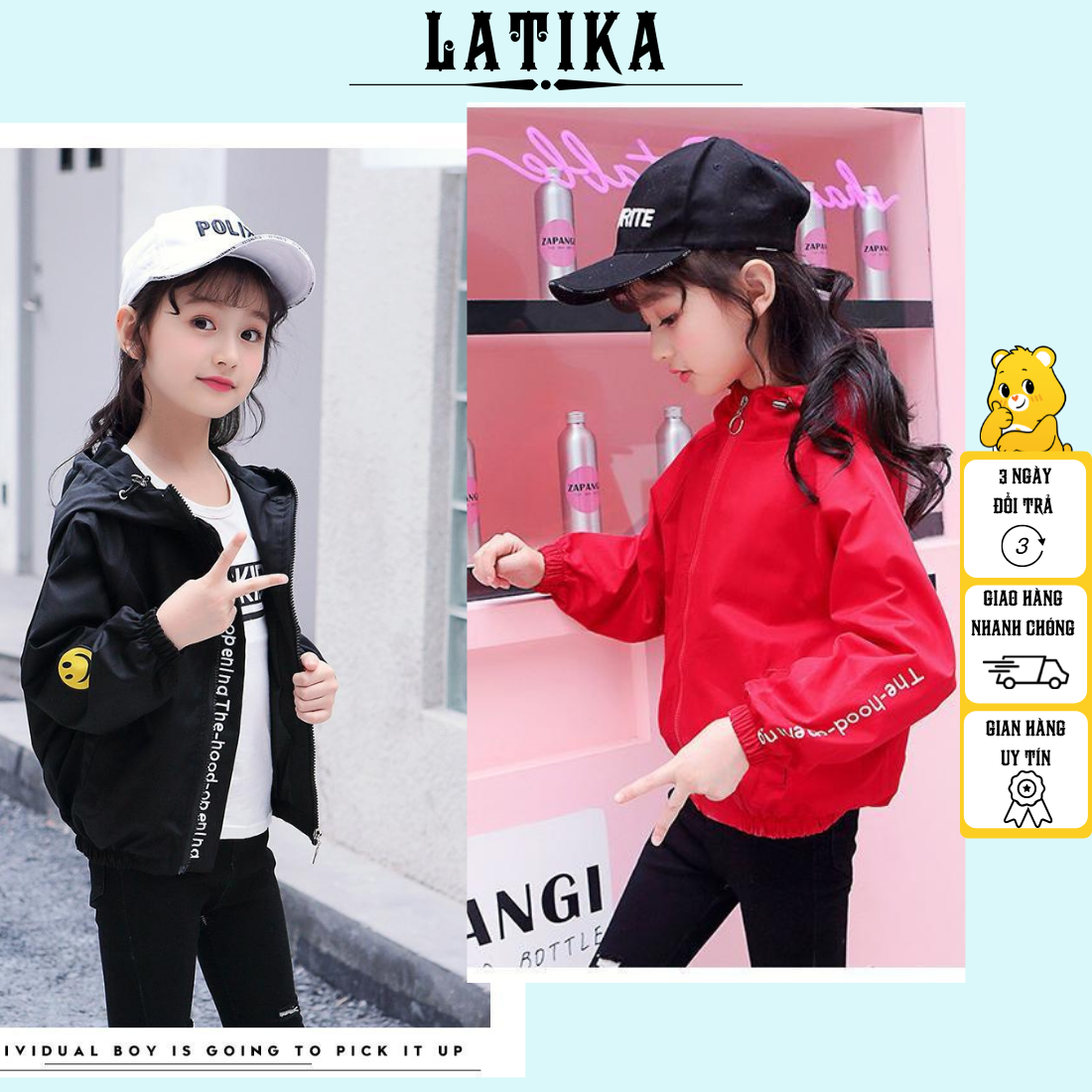 Áo khoác bé gái dù 2 lớp in mặt cười unisex form 13-40kg cute LATIKA D211