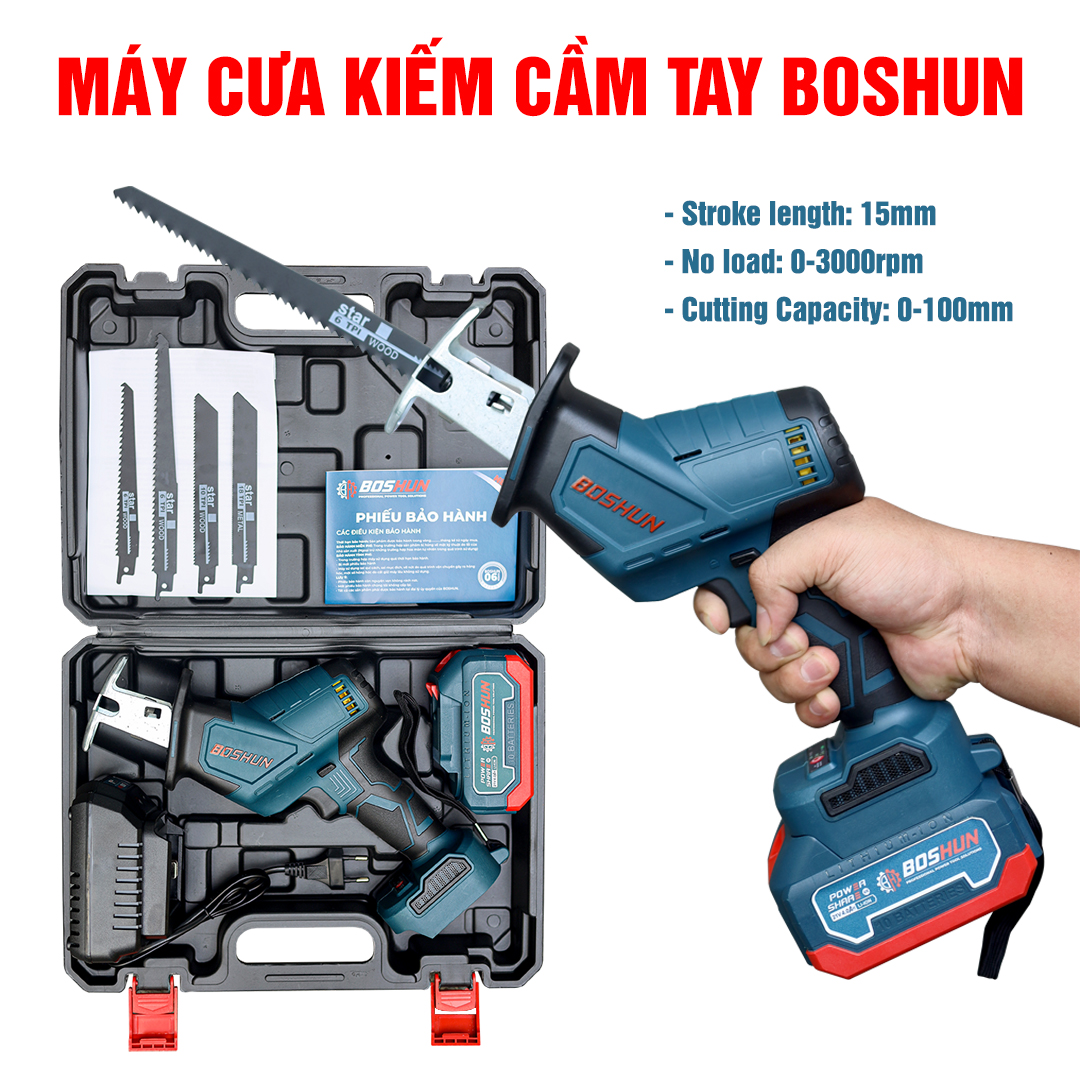 Máy cưa kiếm dùng pin Boshun - chân pin phổ thông 10cell, lưỡi cắt sắc bén, Tặng 4 lưỡi cắt