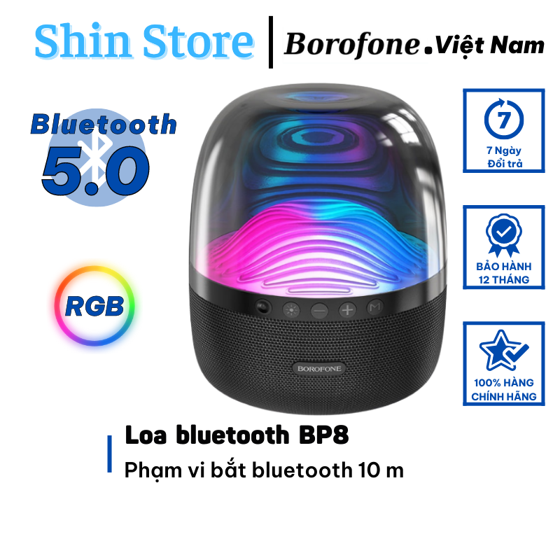 Loa bluetooth 5.0 borofone bp8, loa không dây 15 hiệu ứng ánh sáng gợn sóng -shinstore