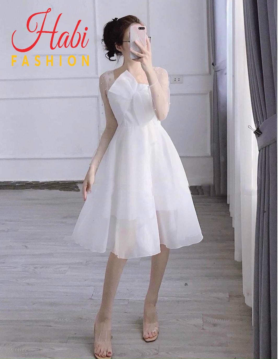 Váy trắng công chúa, váy đầm xòe dự tiệc, đi cưới, kỷ yếu cực xinh, đầm xòe nơ ngực tay lưới đính ngọc sang chảnh