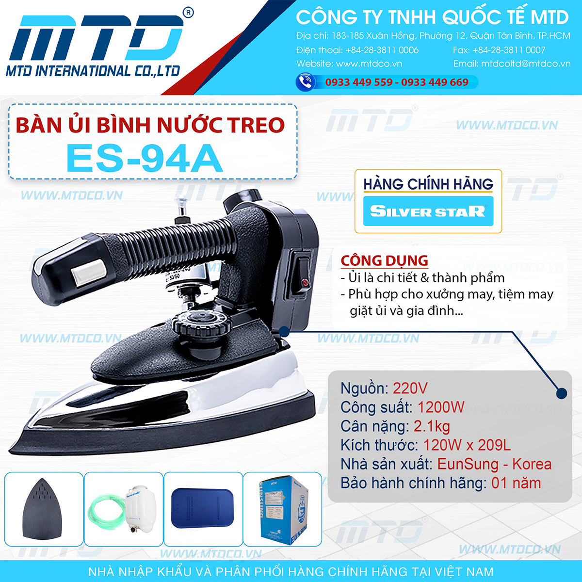 Bàn ủi hơi nước bình treo công nghiệp es-94a silver star - hàng chính hãng