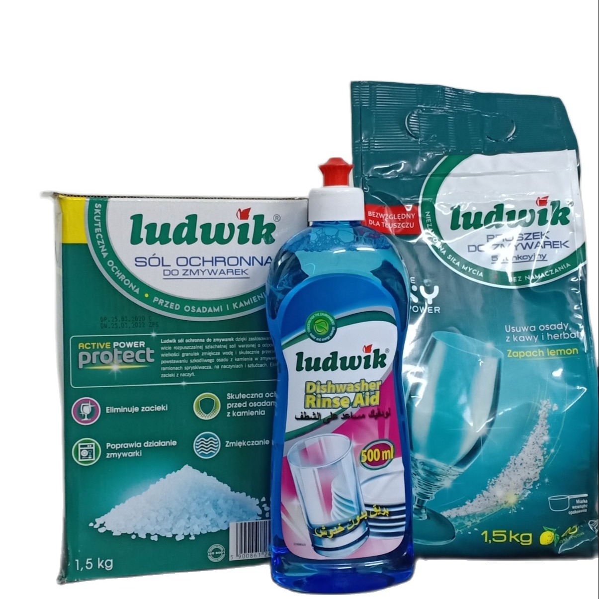 Bộ bột rửa chén bát Ludwik 1.5kg + Muôi Ludwik 1.5kg + bóng Ludwik 500 ml chuyên dùng cho máy rửa bát