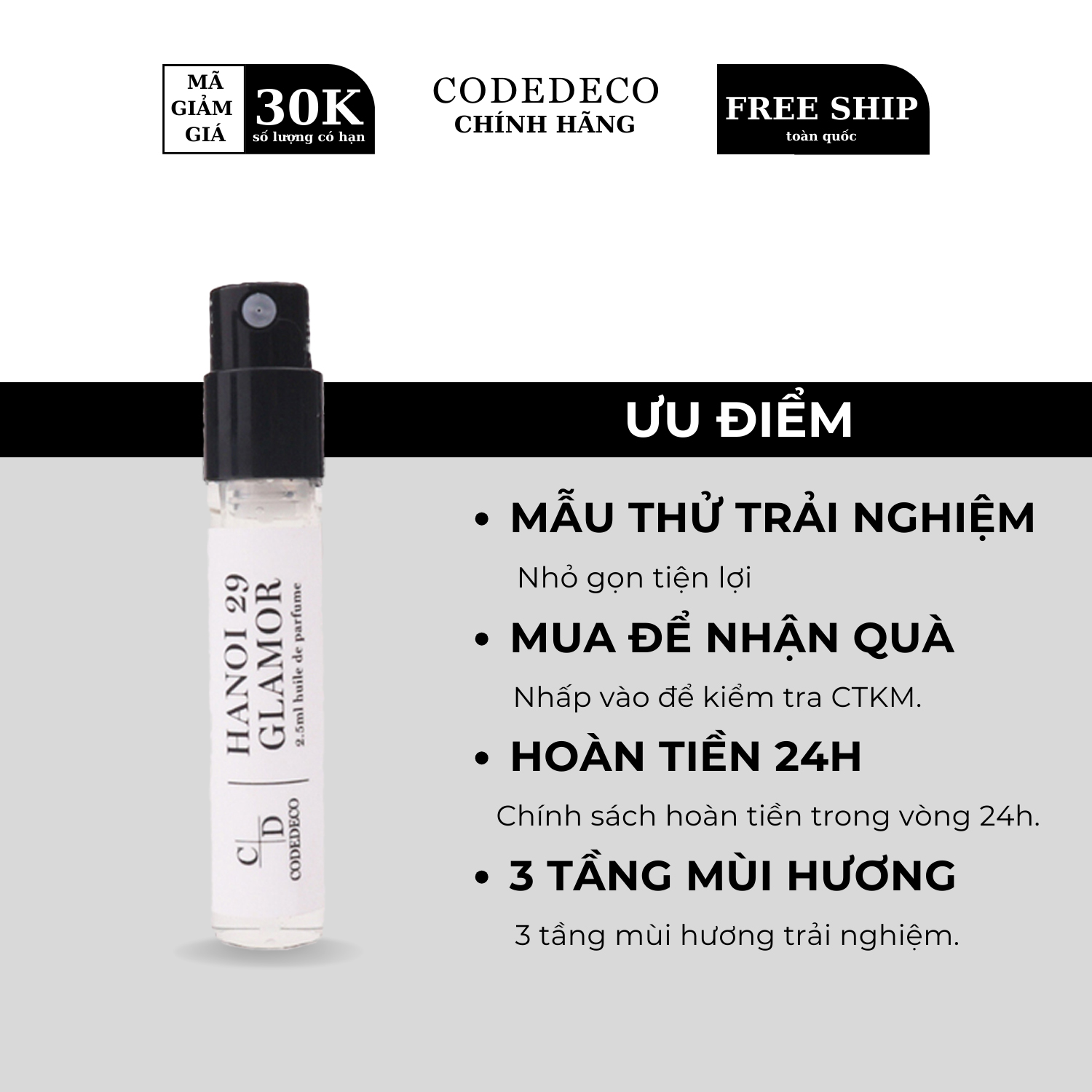 Tinh dầu nước hoa CODEDECO Hanoi 29 Glamor Vial 2.5ml dùng thử thanh lịch, nhẹ nhàng, tinh tế