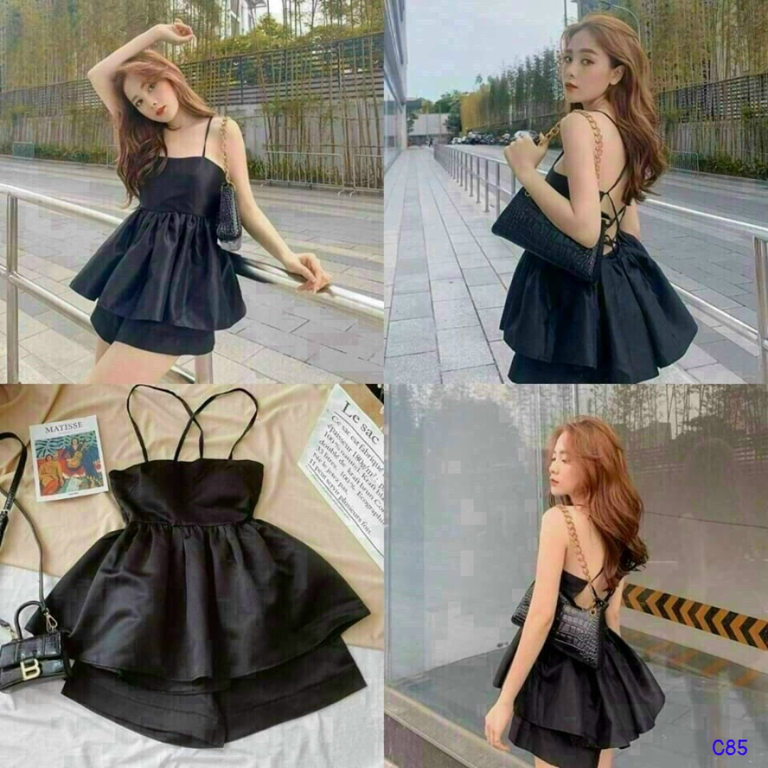 Sét lụa satin hai dây hở lưng đen than mặc đi chơi cực sành điệu up hhp