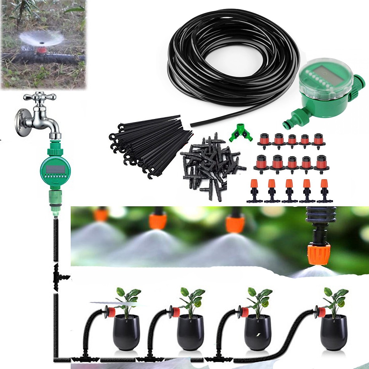 Combo bộ tưới cây tự động phun sương kết hợp tưới nhỏ giọt hẹn giờ đồng hồ pin ?và đủ phụ kiện