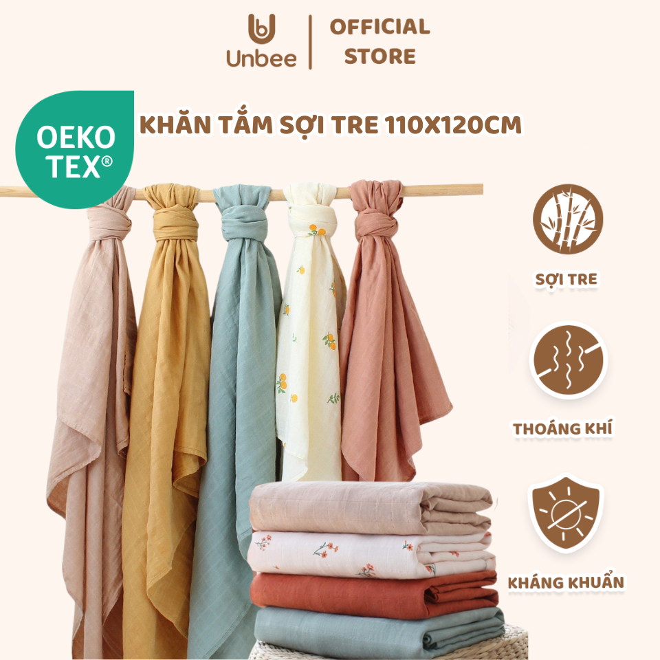 Khăn tắm cho bé unbee chất xô sợi tre hàn kẻ ô lưới đa năng 2 lớp cực mát kích thước 110x120cm