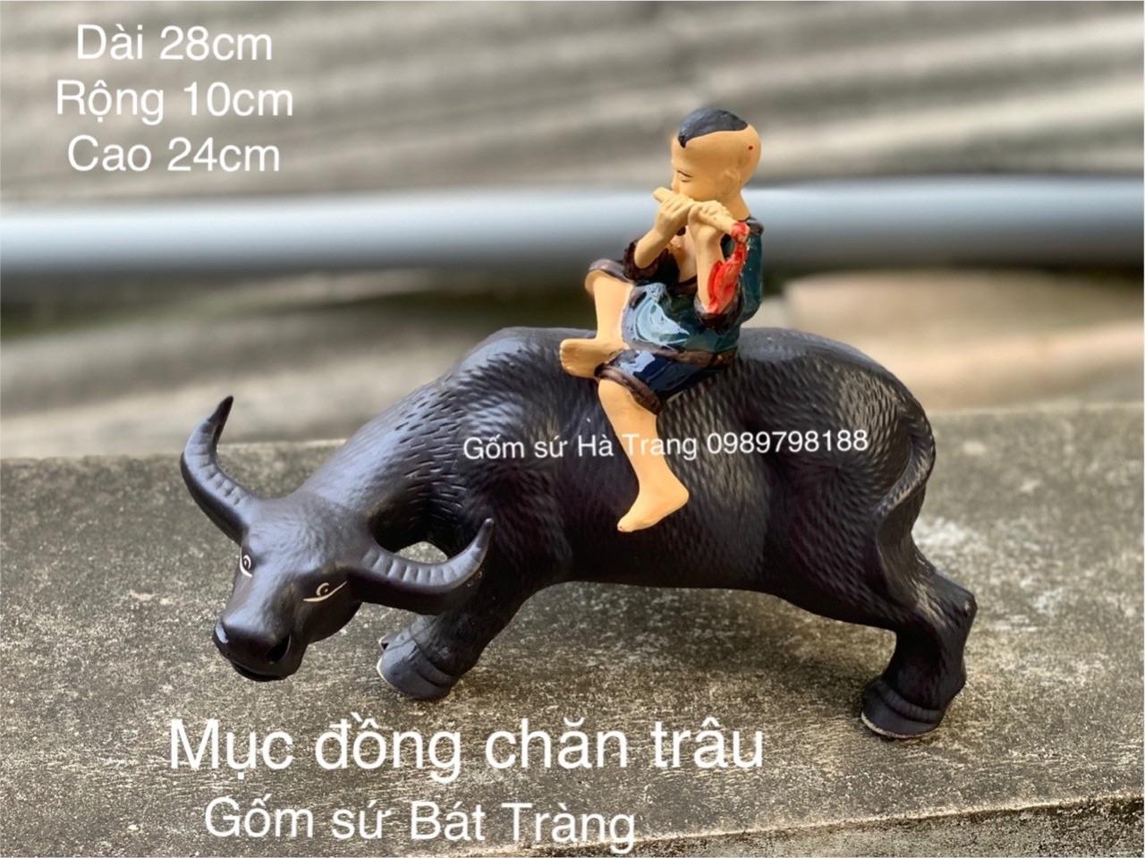 Tượng mục đồng chăn trâu thổi sáo gốm sứ Bát Tràng cao cấp trang trí tiểu cảnh